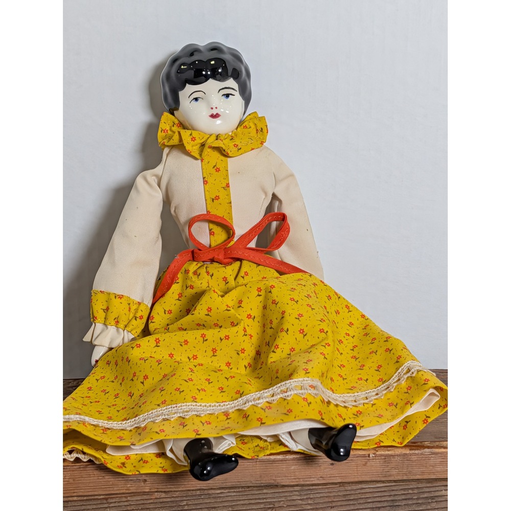 Vintage 14" Porcelain Head Doll Yellow Floral Dress Black Shoes Cloth Body